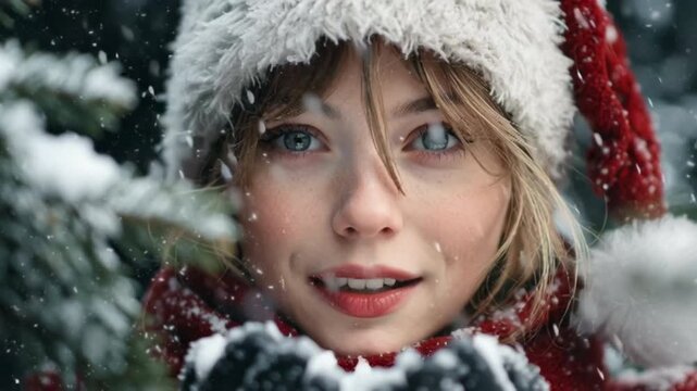 retrato macro de una mujer con gorro de Santa Claus o papa noel en un bosque rodeada de abetos con nieve cayendo suavemente y soplando la nieve que tiene en sus manos