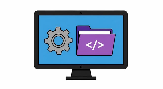 Computer Monitor Displaying Gear Icon and Open Folder with Code Symbol Digital Technology and Programming Concept