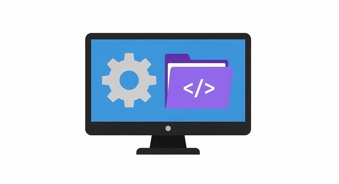 Illustration of a computer monitor displaying a blue screen with a gear icon and purple folder containing code symbol for software development