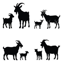 Goat and Kid Silhouette Set Isolated on White Background