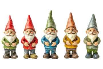 Collection of garden gnomes in various colorful outfits isolated on transparent background. Collection set of garden gnomes isolated on white background.