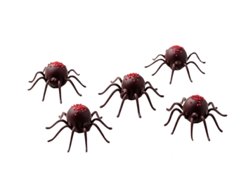 Spooky Chocolate Spider Treats for Halloween. Five delicious, handmade dessert spiders with red sprinkles, isolated on a white background for festive fun.