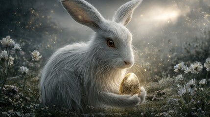 Obraz premium Majestic white rabbit with golden egg in wildflower meadow enchanted nature scene magical atmosphere serene viewpoint