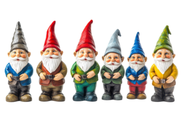 Collection of garden gnomes in various colorful outfits isolated on transparent background. Collection set of garden gnomes isolated on white background.
