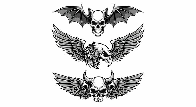 Intricate black and white winged skull designs featuring bat wings, eagle feathers, and horned details in detailed graphic illustrations