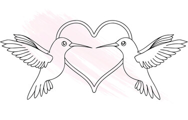 Two hummingbirds facing each other with a heart shape outline Single line love romance