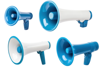 Collection of colorful megaphones isolated on transparent background. Collection set of megaphones isolated on white background.