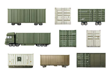 Collection of shipping containers isolated on transparent background. Collection set of military transport containers isolated on white background.