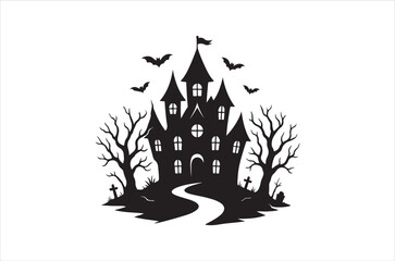 Spooky Halloween Silhouette Scene A Haunted Castle with Bare Trees Bats and Tombstones Creates a Chilling Holiday Image