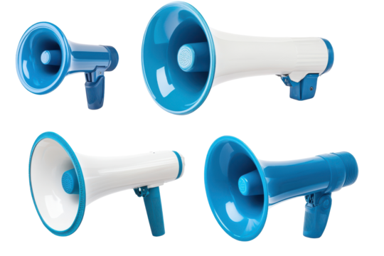 Collection of colorful megaphones isolated on transparent background. Collection set of megaphones isolated on white background.