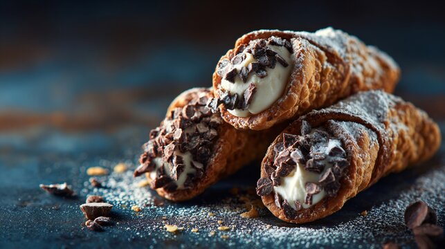 Close-up of cannoli filling detail, dark moody stone surface, sharp dramatic light, copy space