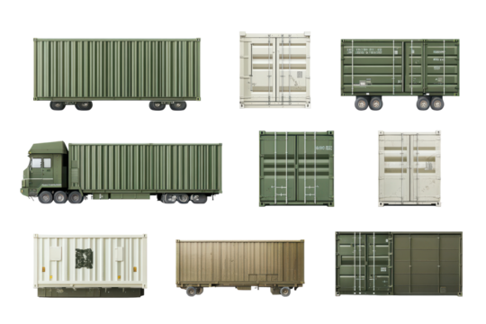 Collection of shipping containers isolated on transparent background. Collection set of military transport containers isolated on white background. - Powered by Adobe