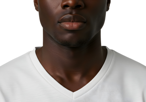 Close-up of a man's face, highlighting his dark skin and v-neck shirt