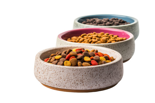 Collection of various dry pet food kibble in bowl isolated on transparent background. Collection set of pet food bowl isolated on white background.