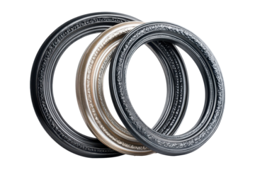 Close up of stacked antique wooden picture frames isolated on transparent background. Collection set of round vintage picture frame isolated on white background.