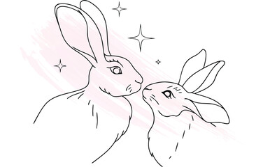 Two rabbits drawn with continuous Single line art with  brush strokes stars bunny
