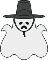 A sad ghost wearing a traditional Korean gat hat. Cute minimal Halloween character with Korean traditional vibe.