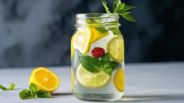 Refreshing lemon mint beverage with raspberries and slices in jar for delightful drink experience