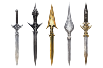 Collection of ornate fantasy trident weapons isolated on transparent background. Collection set of tridents in silver gold and black isolated on white background.