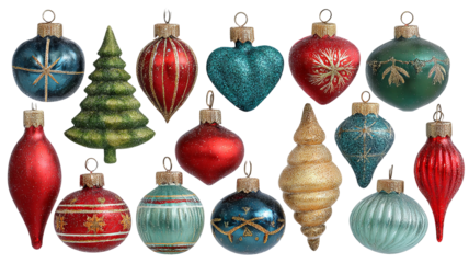 Colorful christmas ornaments in assorted shapes and vibrant festive colors isolated on transparent background high resolution png design perfect for holiday decorations and creative projects
