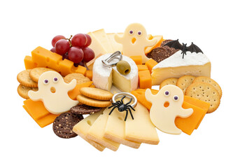 Obraz premium Spooky Halloween Cheese Board with Ghost Cookies, Bat Cheese, and Festive Snacks Isolated on White