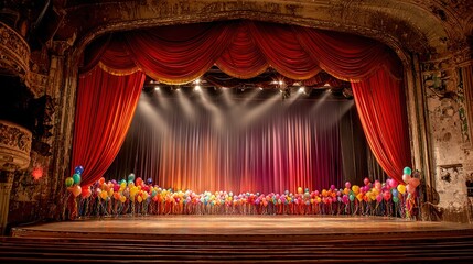 audience. Empty historic theater stage with grand curtain partially open. event programs, museum guides, designed for cultural heritage projects and event programs, preserves heritage.