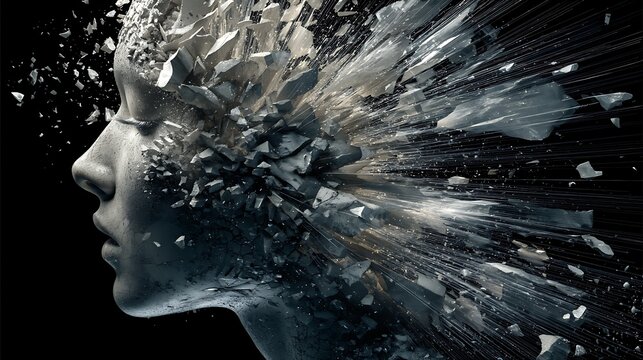 hyper-realistic fine art of human head shattering into fragments with beams of light bursting outward, symbolizing mental liberation and freedom, dramatic lighting, cinematic depth, 32K resolution, 