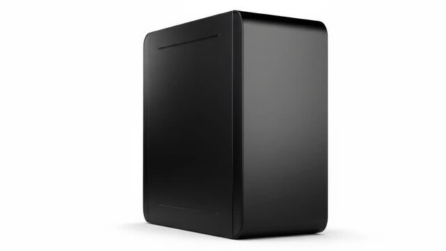 Sleek, matte black rectangular box with rounded edges and subtle embossed lines on its face