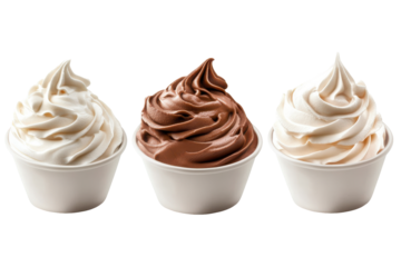 Soft serve ice cream cones chocolate vanilla and plain isolated on transparent background. Collection set of white and chocolate whipped cream isolated on white background.