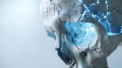 cinematic macro shot of cracked skull emitting soft blue and white light, emotional symbolism of freedom from anxiety, photorealistic textures, 