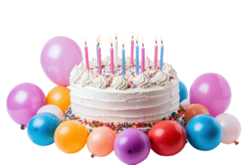 Birthday cake with lit candles and balloons isolated on transparent background. Colorful birthday cake with candles surrounded by balloons isolated on white background, 3d rendering.