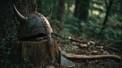 viking. Weathered Viking helmet beside wooden stump with embedded axe. event programs, museum guides, designed for cultural heritage projects and event programs, used by lab technicians.