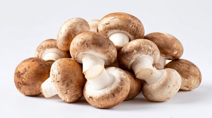 Fresh, whole button mushrooms piled high. Close-up view, isolated on a clean white background. Perfect champignons ready for cooking or culinary display.
 