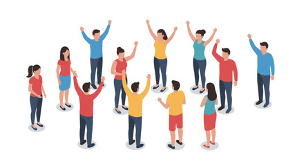 Fototapeta premium Animated group celebration in isometric style with diverse standing characters