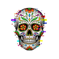 Colorful sugar skull with floral patterns and digital glitch effect, isolated on transparent background