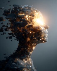 digital fine art portrait of person with their head breaking apart into floating shards of thought, powerful glowing core of light inside, rebirth of consciousness concept, 