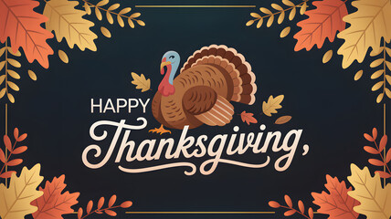 Celebrate Thanksgiving with this festive turkey design and autumn leaves, perfect for greeting cards and holiday promotions to bring warmth and cheer