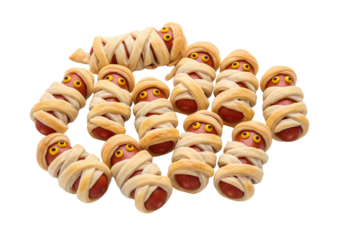 Fun Halloween Mummy Hot Dogs Appetizer Isolated on White Background - Spooky Party Food