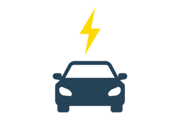 Electric car icon with a yellow lightning bolt above it, symbolizing power and charging, isolated on transparent background