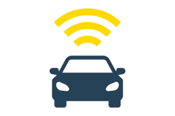 A dark blue car with yellow wifi signal waves above it, isolated on transparent background