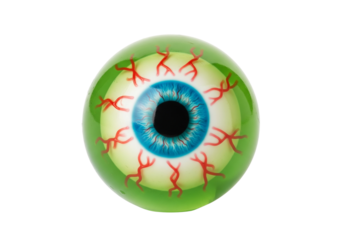 Vibrant Green Toy Eyeball with Bloodshot Blue Iris, Isolated on White Background