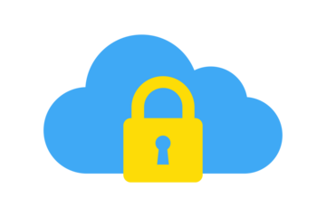 Cloud security icon with a yellow padlock symbolizing data protection and privacy, isolated on transparent background
