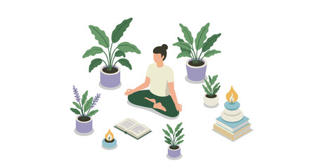 Obraz premium Meditation and relaxation with plants and books in minimalist isometric design