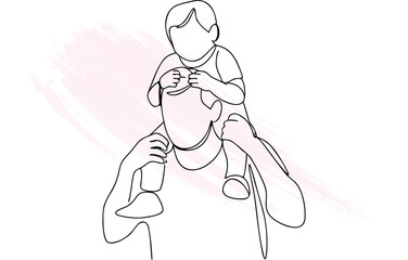 A continuous line drawing a father carrying a child his shoulders Single line vector