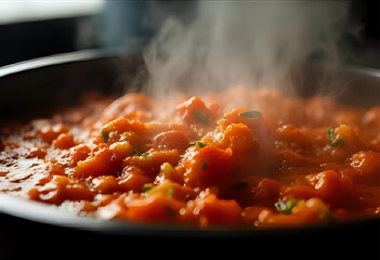 Close-up Steaming Hot Kimchi Stew with Vegetables in a Pan