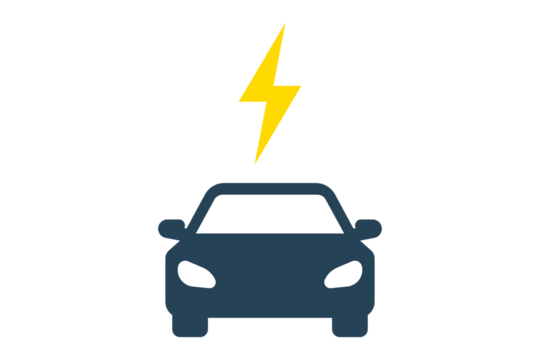 Electric car icon with a yellow lightning bolt above it, symbolizing power and charging, isolated on transparent background