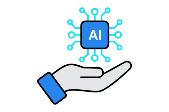 Artificial intelligence chip held in a hand, isolated on transparent background