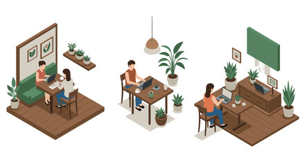 Isometric workspace: cozy home offices with plants and modern interiors