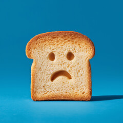 Sad face in the middle of toast, isolated on a red background, studio shot.

