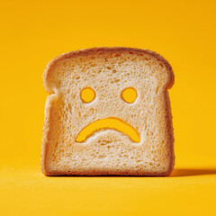 Sad face in the middle of toast, isolated on a red background, studio shot.

